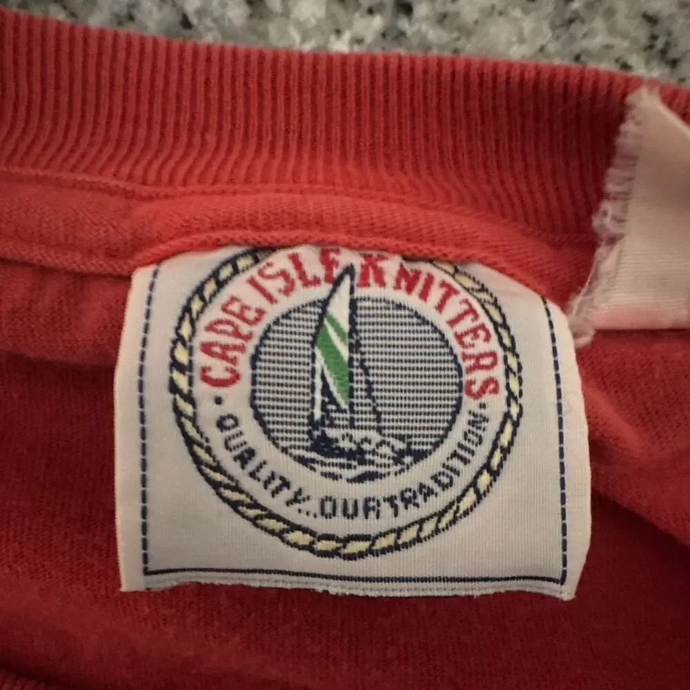 Vintage Cape Island Knitters Pocket Knit T-Shirt Red Mens XL Crew Single Stitch